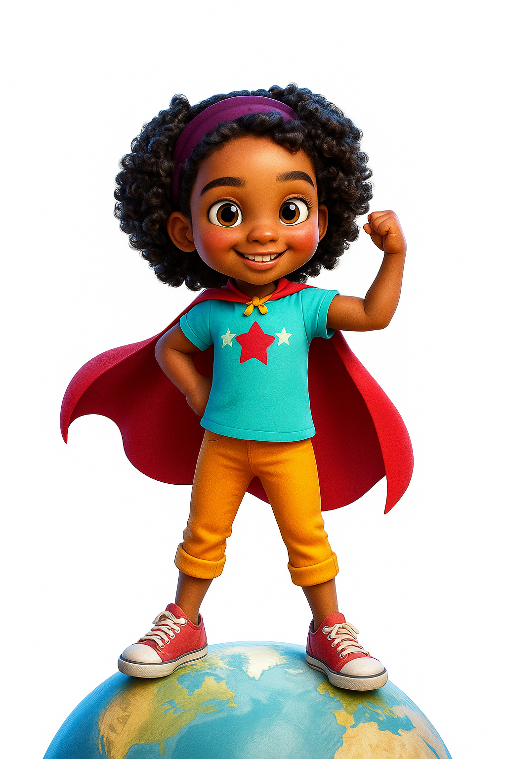 A smiling young girl in a red superhero cape standing confidently on top of the globe