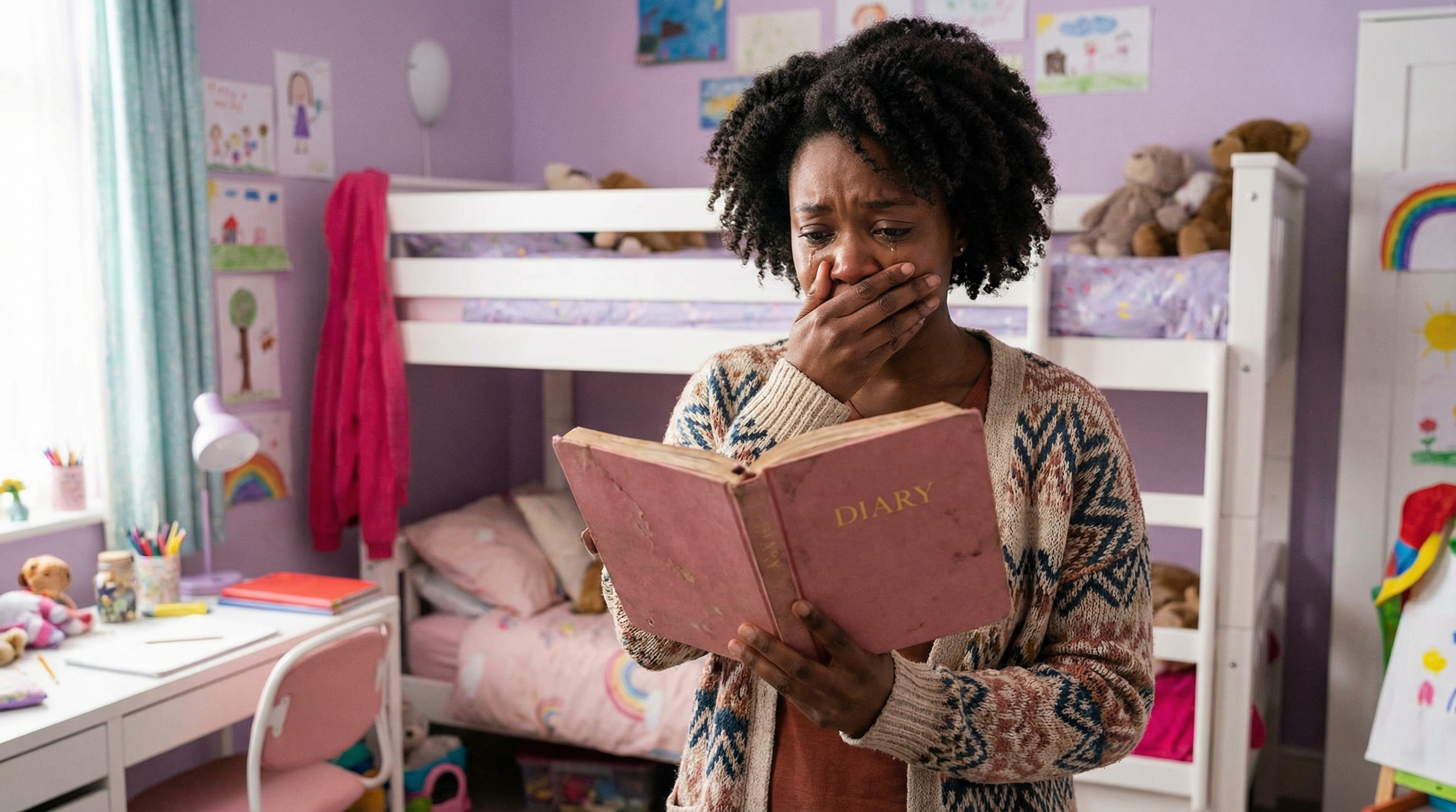A woman standing in a child's bedroom reading a diary with her hand over her mouth, visibly upset