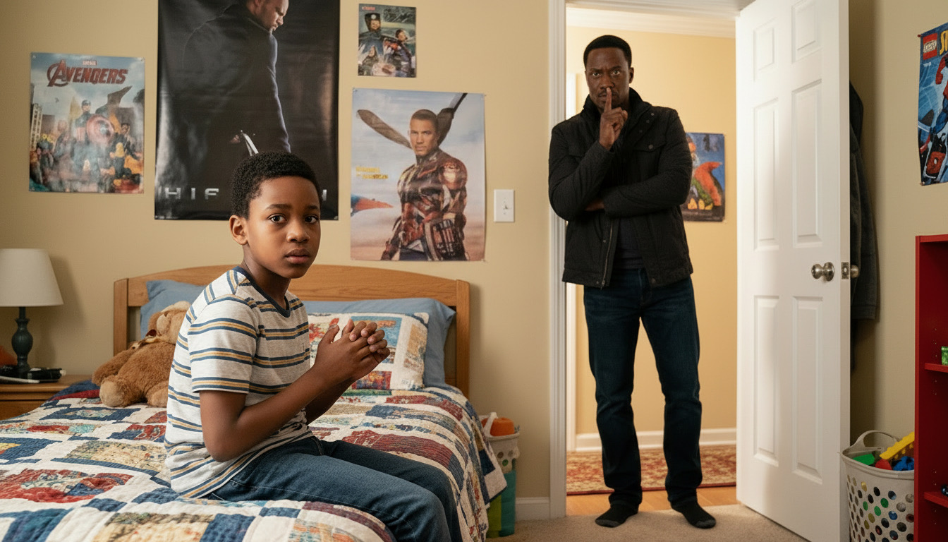 A man standing in a bedroom doorway holding a finger to his lips while a boy sits on the bed looking uneasy