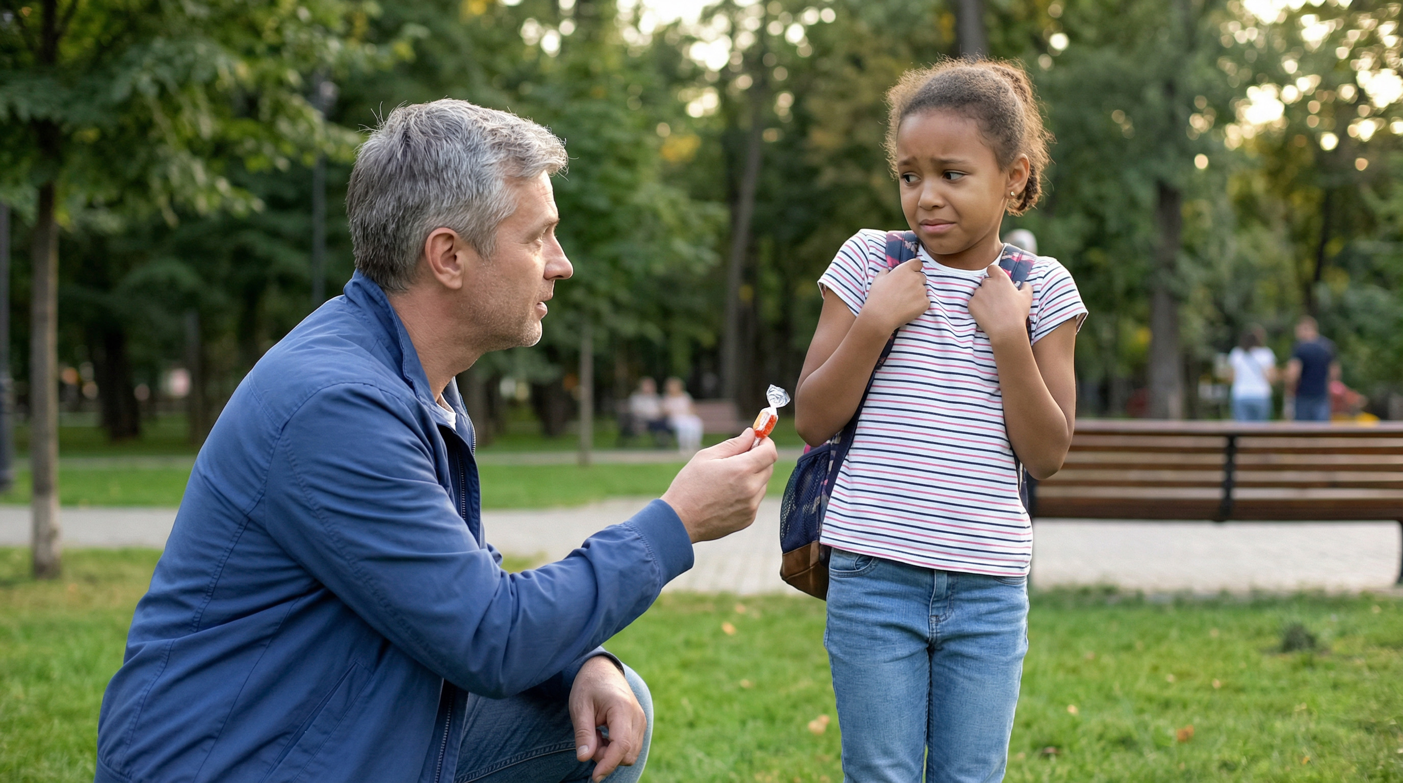 A man crouching in a park offering a wrapped candy to a hesitant young girl with a backpack